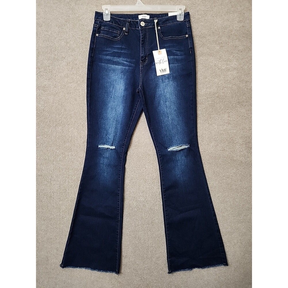 YMI Flare Jeans Womens 13 31 Long Distressed Raw Hem Stretch NEW